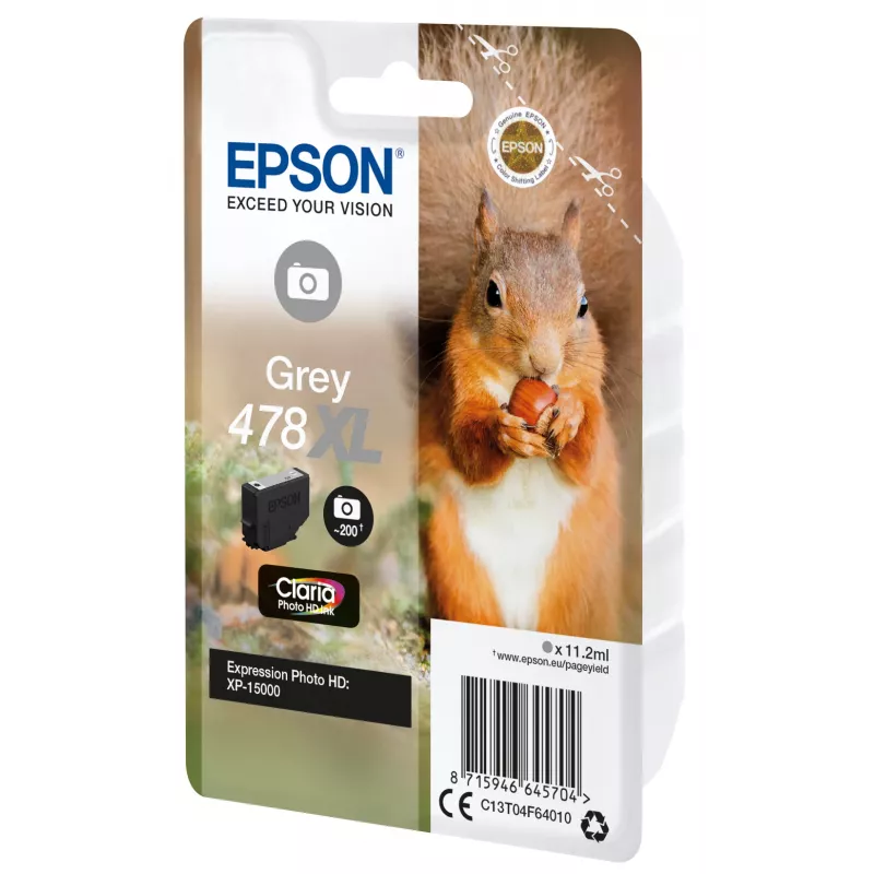 Epson Squirrel Singlepack harmaa 478XL Claria Photo HD -muste, suuri (XL) määrä, harmaa, väriainemuste, 11.2 ml, 1 kpl, 200 sivua