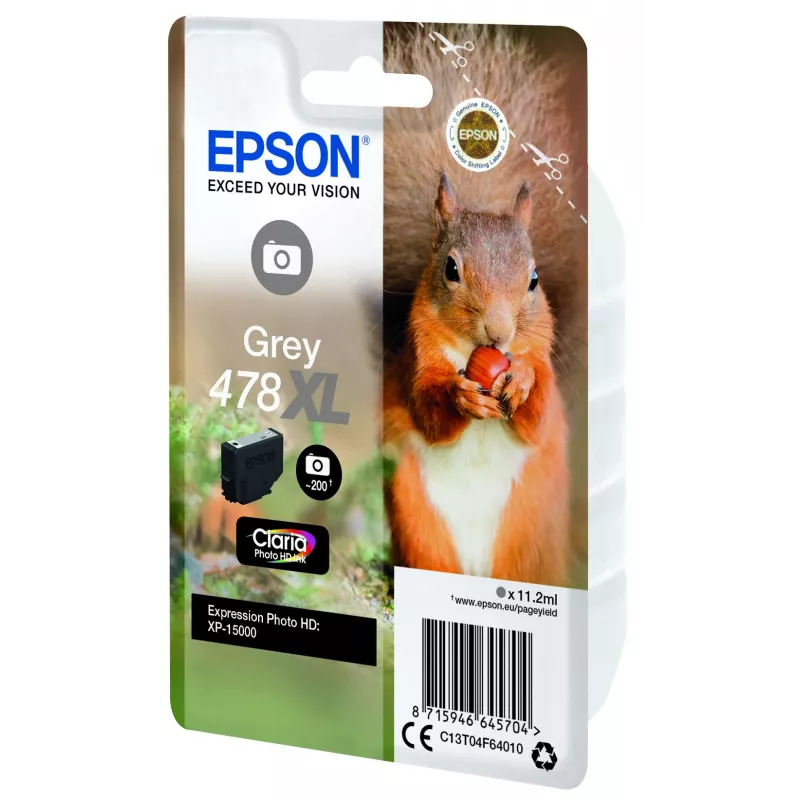 Epson Squirrel Singlepack harmaa 478XL Claria Photo HD -muste, suuri (XL) määrä, harmaa, väriainemuste, 11.2 ml, 1 kpl, 200 sivua