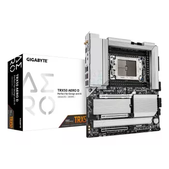 GIGABYTE TRX50 AERO D emolevy - tukee AMD Ryzen Threadripper 9000 -sarjan suorittimia, 16+8+4 vaihe digitaalinen VRM, jopa 7 800 MHz DDR5 (OC), 3xPCIe 5.0 + 1xPCIe 4.0 M.2, Wi-Fi 7, 10GbE LAN, USB4