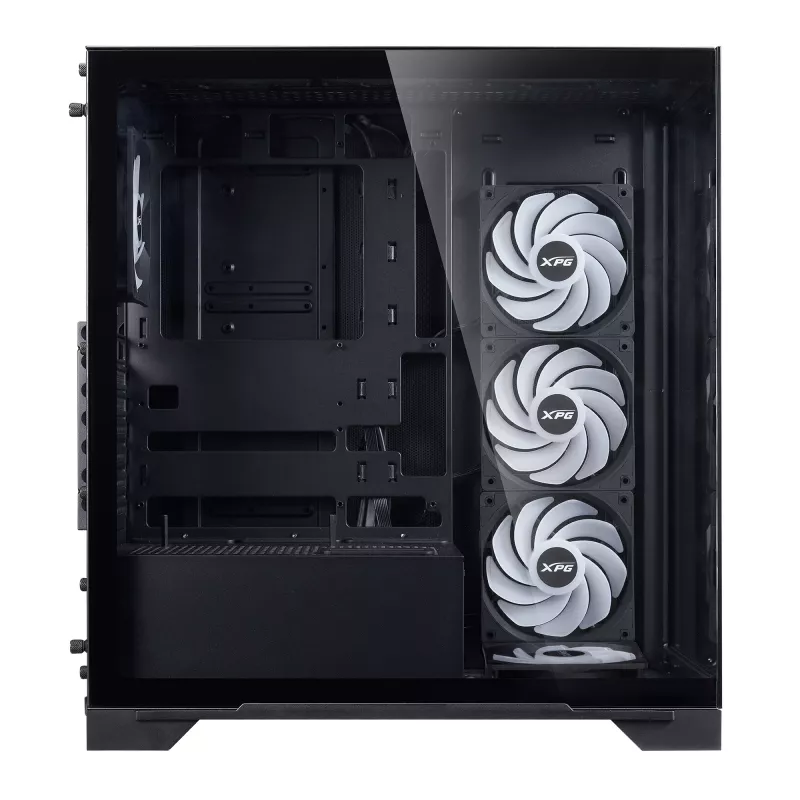 XPG Invader X BTF Midi Tower -tietokonekotelo, ATX/Micro-ATX/Mini-ITX, karkaistu lasi, 5 x 120 mm ARGB-tuuletinta, USB-C, ilman virtalähdettä, musta