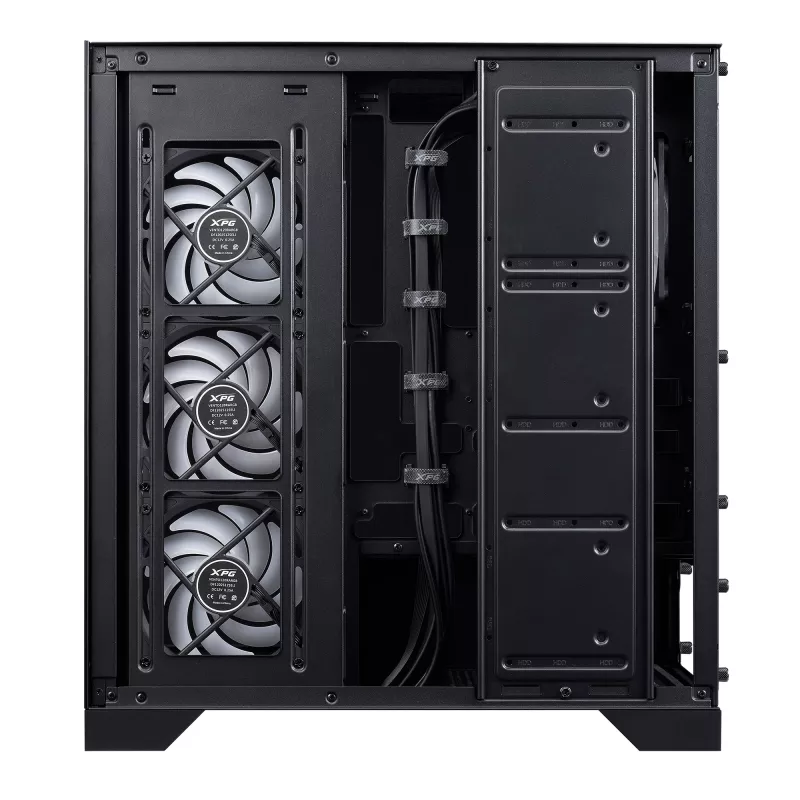 XPG Invader X BTF Midi Tower -tietokonekotelo, ATX/Micro-ATX/Mini-ITX, karkaistu lasi, 5 x 120 mm ARGB-tuuletinta, USB-C, ilman virtalähdettä, musta