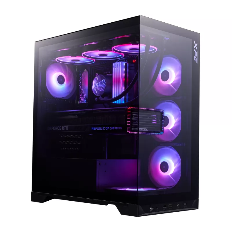XPG Invader X BTF Midi Tower -tietokonekotelo, ATX/Micro-ATX/Mini-ITX, karkaistu lasi, 5 x 120 mm ARGB-tuuletinta, USB-C, ilman virtalähdettä, musta
