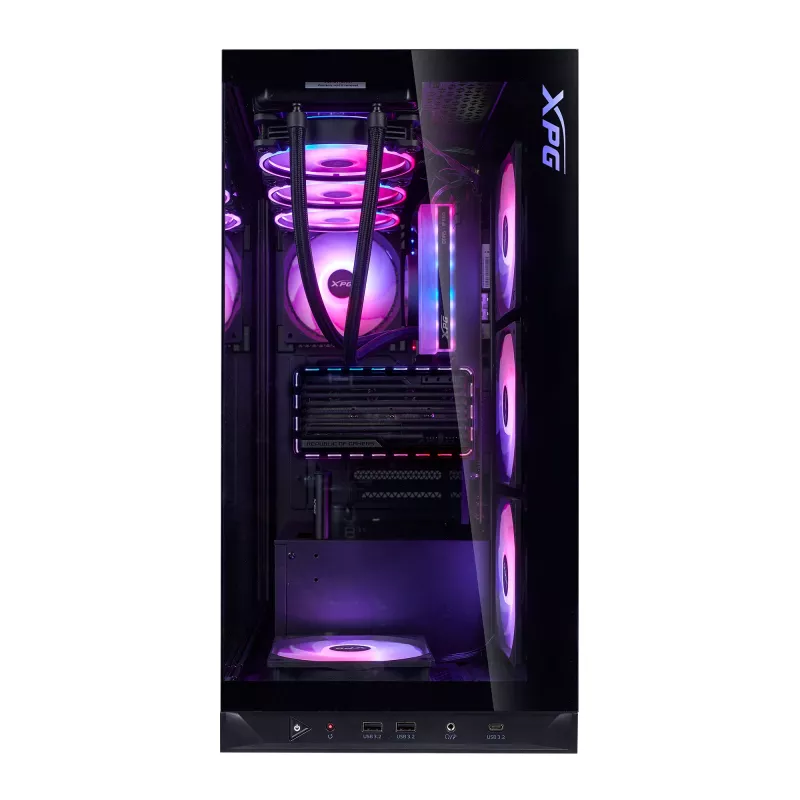 XPG Invader X BTF Midi Tower -tietokonekotelo, ATX/Micro-ATX/Mini-ITX, karkaistu lasi, 5 x 120 mm ARGB-tuuletinta, USB-C, ilman virtalähdettä, musta
