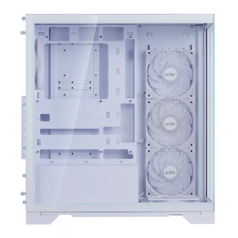 XPG Invader X BTF Midi Tower -tietokonekotelo, ATX/Micro-ATX/Mini-ITX, läpinäkyvä sivupaneeli, 5 x 120 mm ARGB-tuuletinta, USB-C, ilman virtalähdettä, valkoinen