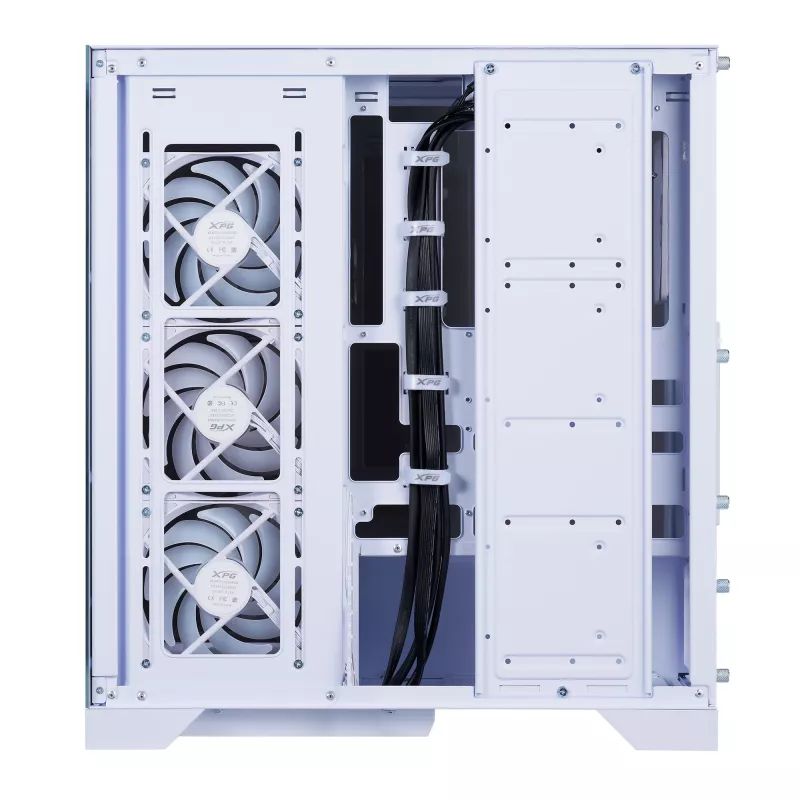 XPG Invader X BTF Midi Tower -tietokonekotelo, ATX/Micro-ATX/Mini-ITX, läpinäkyvä sivupaneeli, 5 x 120 mm ARGB-tuuletinta, USB-C, ilman virtalähdettä, valkoinen