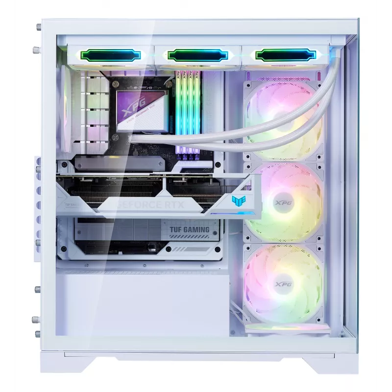 XPG Invader X BTF Midi Tower -tietokonekotelo, ATX/Micro-ATX/Mini-ITX, läpinäkyvä sivupaneeli, 5 x 120 mm ARGB-tuuletinta, USB-C, ilman virtalähdettä, valkoinen