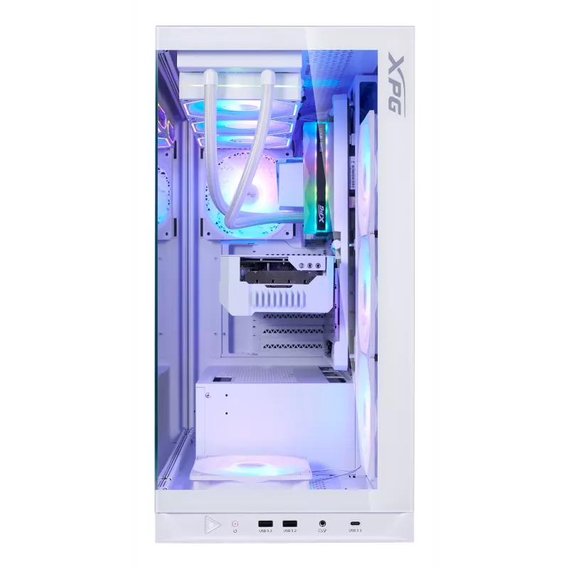 XPG Invader X BTF Midi Tower -tietokonekotelo, ATX/Micro-ATX/Mini-ITX, läpinäkyvä sivupaneeli, 5 x 120 mm ARGB-tuuletinta, USB-C, ilman virtalähdettä, valkoinen