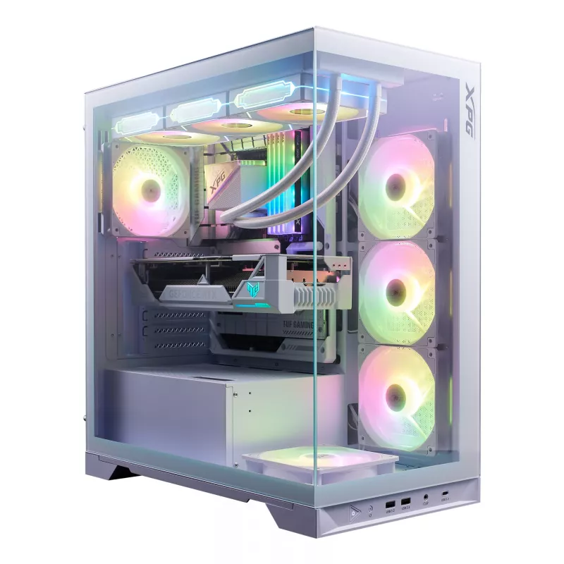 XPG Invader X BTF Midi Tower -tietokonekotelo, ATX/Micro-ATX/Mini-ITX, läpinäkyvä sivupaneeli, 5 x 120 mm ARGB-tuuletinta, USB-C, ilman virtalähdettä, valkoinen