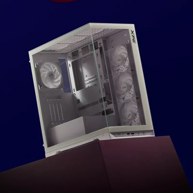 XPG Invader X BTF Midi Tower -tietokonekotelo, ATX/Micro-ATX/Mini-ITX, läpinäkyvä sivupaneeli, 5 x 120 mm ARGB-tuuletinta, USB-C, ilman virtalähdettä, valkoinen