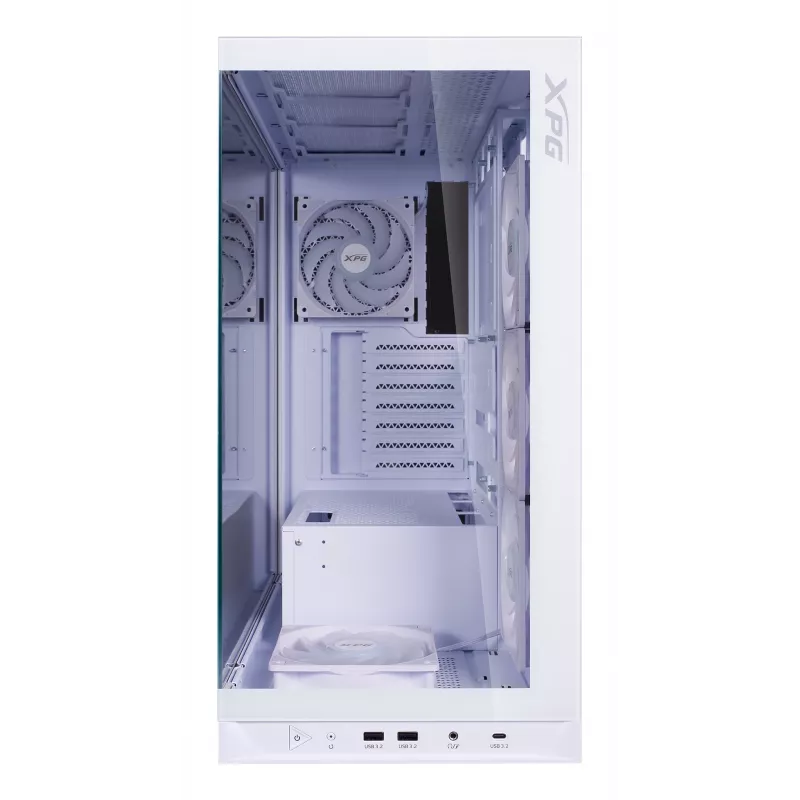 XPG Invader X BTF Midi Tower -tietokonekotelo, ATX/Micro-ATX/Mini-ITX, läpinäkyvä sivupaneeli, 5 x 120 mm ARGB-tuuletinta, USB-C, ilman virtalähdettä, valkoinen