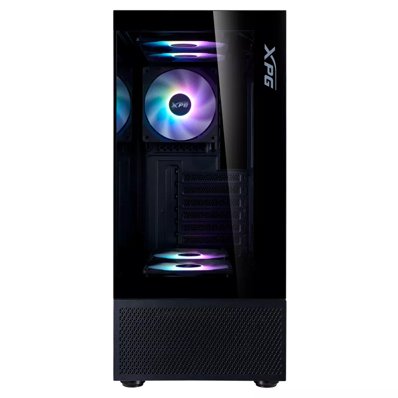 XPG Invader X Mini Midi Tower -tietokonekotelo, ATX/Micro-ATX/Mini-ITX, karkaistu lasi, 5 x 120 mm ARGB-tuuletinta, USB-C, ilman virtalähdettä, musta