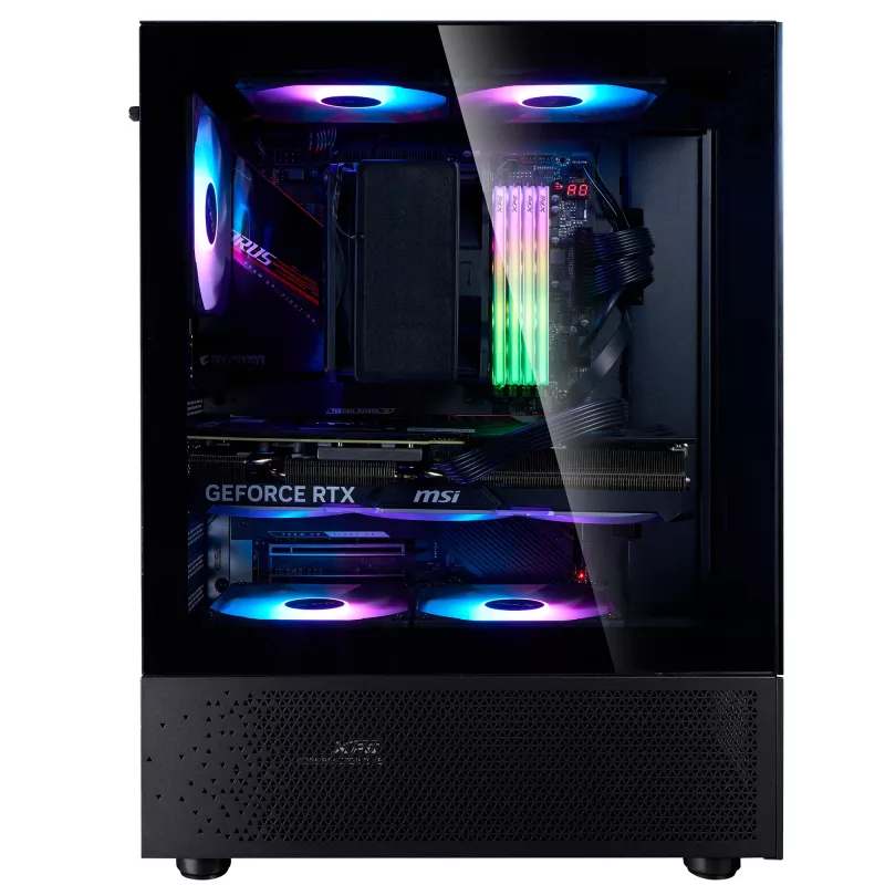 XPG Invader X Mini Midi Tower -tietokonekotelo, ATX/Micro-ATX/Mini-ITX, karkaistu lasi, 5 x 120 mm ARGB-tuuletinta, USB-C, ilman virtalähdettä, musta