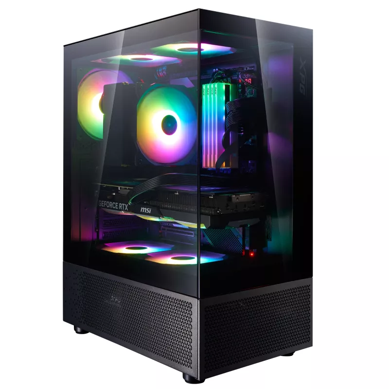 XPG Invader X Mini Midi Tower -tietokonekotelo, ATX/Micro-ATX/Mini-ITX, karkaistu lasi, 5 x 120 mm ARGB-tuuletinta, USB-C, ilman virtalähdettä, musta