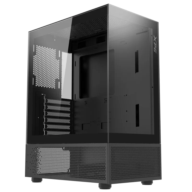 XPG Invader X Mini Midi Tower -tietokonekotelo, ATX/Micro-ATX/Mini-ITX, karkaistu lasi, 5 x 120 mm ARGB-tuuletinta, USB-C, ilman virtalähdettä, musta