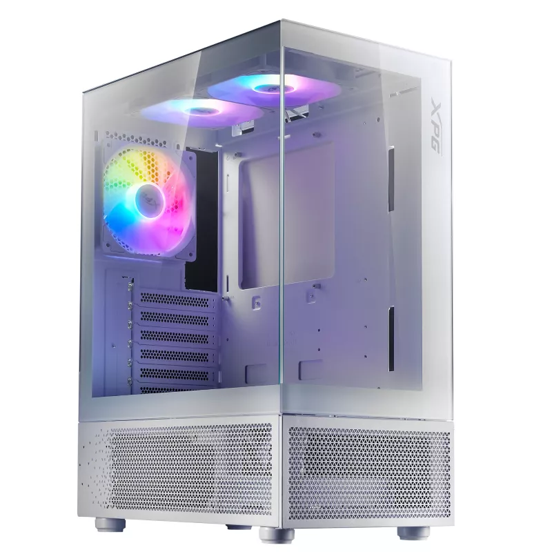 XPG Invader X Mini Midi Tower -tietokonekotelo, ATX/Micro-ATX/Mini-ITX, lasipaneelit, 5 x 120 mm ARGB-tuuletinta, USB-C, ilman virtalähdettä, valkoinen