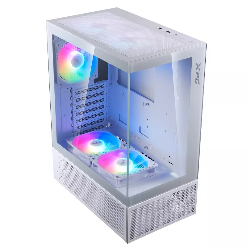 XPG Invader X Mini Midi Tower -tietokonekotelo, ATX/Micro-ATX/Mini-ITX, lasipaneelit, 5 x 120 mm ARGB-tuuletinta, USB-C, ilman virtalähdettä, valkoinen