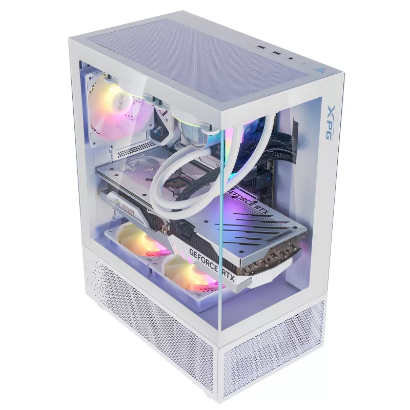 XPG Invader X Mini Midi Tower -tietokonekotelo, ATX/Micro-ATX/Mini-ITX, lasipaneelit, 5 x 120 mm ARGB-tuuletinta, USB-C, ilman virtalähdettä, valkoinen