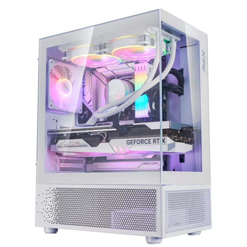 XPG Invader X Mini Midi Tower -tietokonekotelo, ATX/Micro-ATX/Mini-ITX, lasipaneelit, 5 x 120 mm ARGB-tuuletinta, USB-C, ilman virtalähdettä, valkoinen