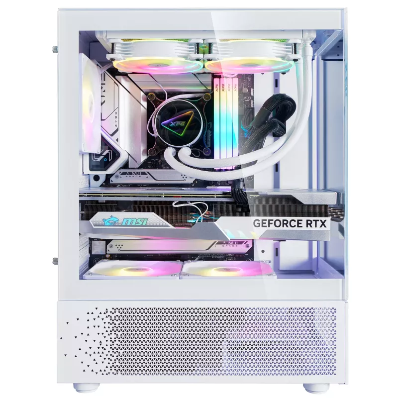 XPG Invader X Mini Midi Tower -tietokonekotelo, ATX/Micro-ATX/Mini-ITX, lasipaneelit, 5 x 120 mm ARGB-tuuletinta, USB-C, ilman virtalähdettä, valkoinen