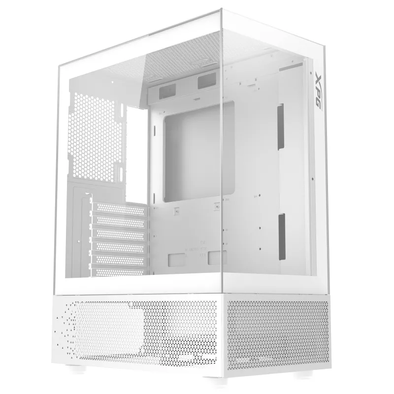XPG Invader X Mini Midi Tower -tietokonekotelo, ATX/Micro-ATX/Mini-ITX, lasipaneelit, 5 x 120 mm ARGB-tuuletinta, USB-C, ilman virtalähdettä, valkoinen