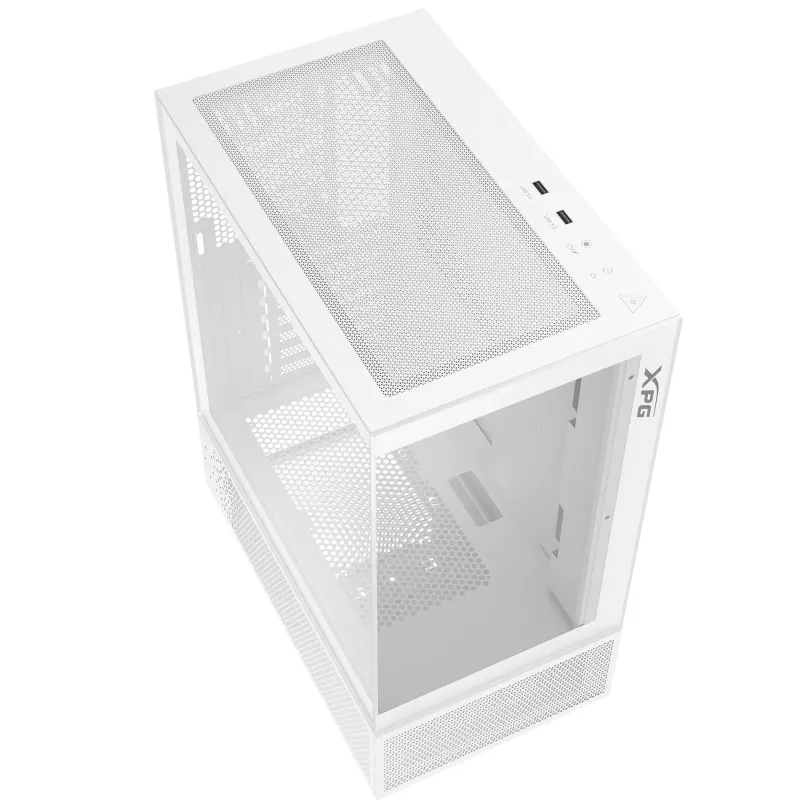 XPG Invader X Mini Midi Tower -tietokonekotelo, ATX/Micro-ATX/Mini-ITX, lasipaneelit, 5 x 120 mm ARGB-tuuletinta, USB-C, ilman virtalähdettä, valkoinen