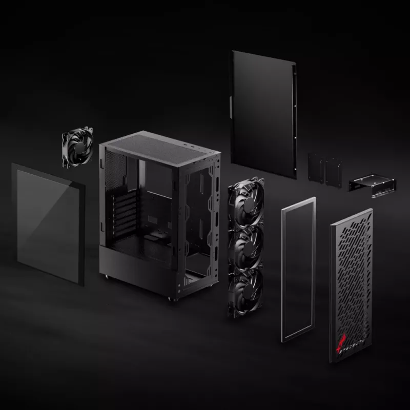 XPG VALOR AIR Mid-Tower musta, Midi Tower, PC, musta, ATX, micro ATX, Mini-ATX, hiiliteräs, karkaistu lasi, 16,6 cm