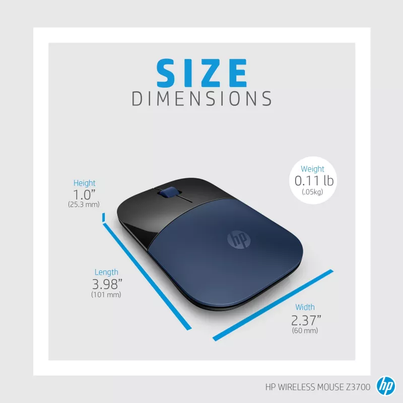 HP Z3700 sininen langaton hiiri, molempikätinen, optinen, RF Wireless, 1200 DPI, sininen