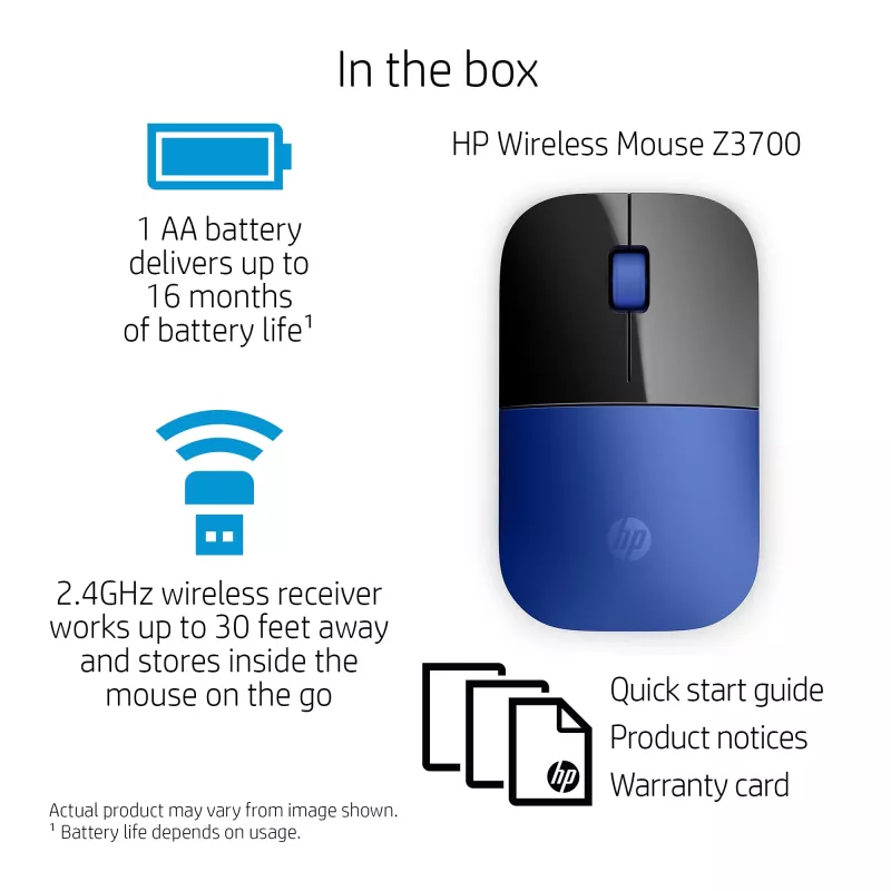 HP Z3700 sininen langaton hiiri, molempikätinen, optinen, RF Wireless, 1200 DPI, sininen