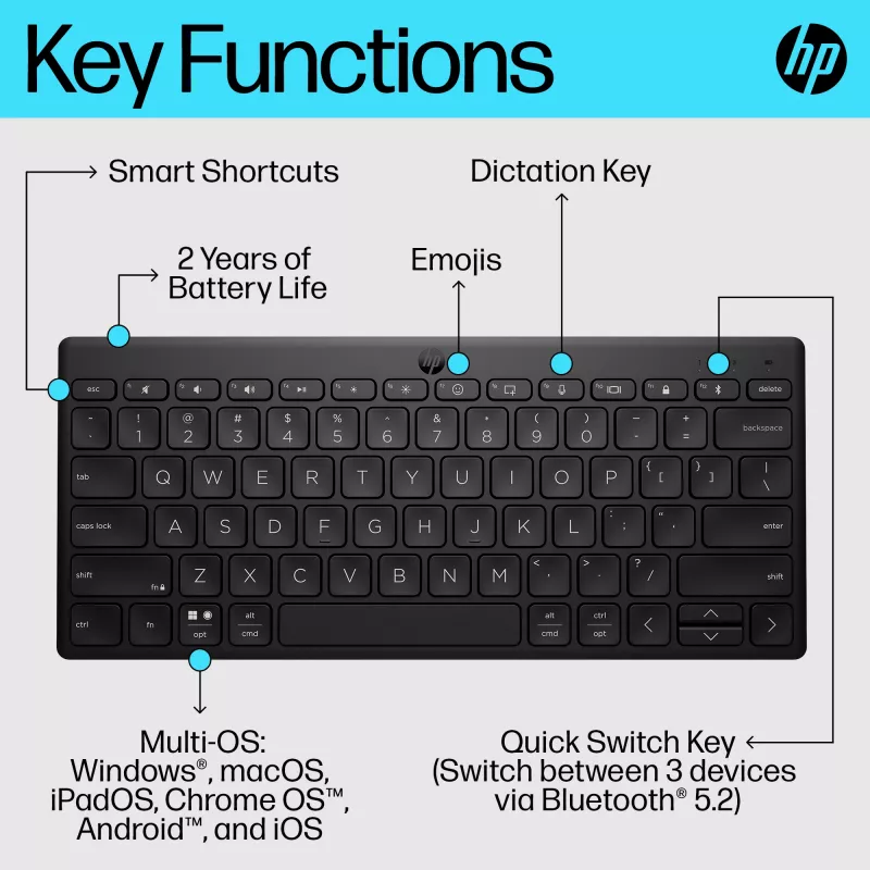 Kompakti Bluetooth-näppäimistö HP 355 – langattomat mekaaniset näppäimet, musta, 0,34 kg