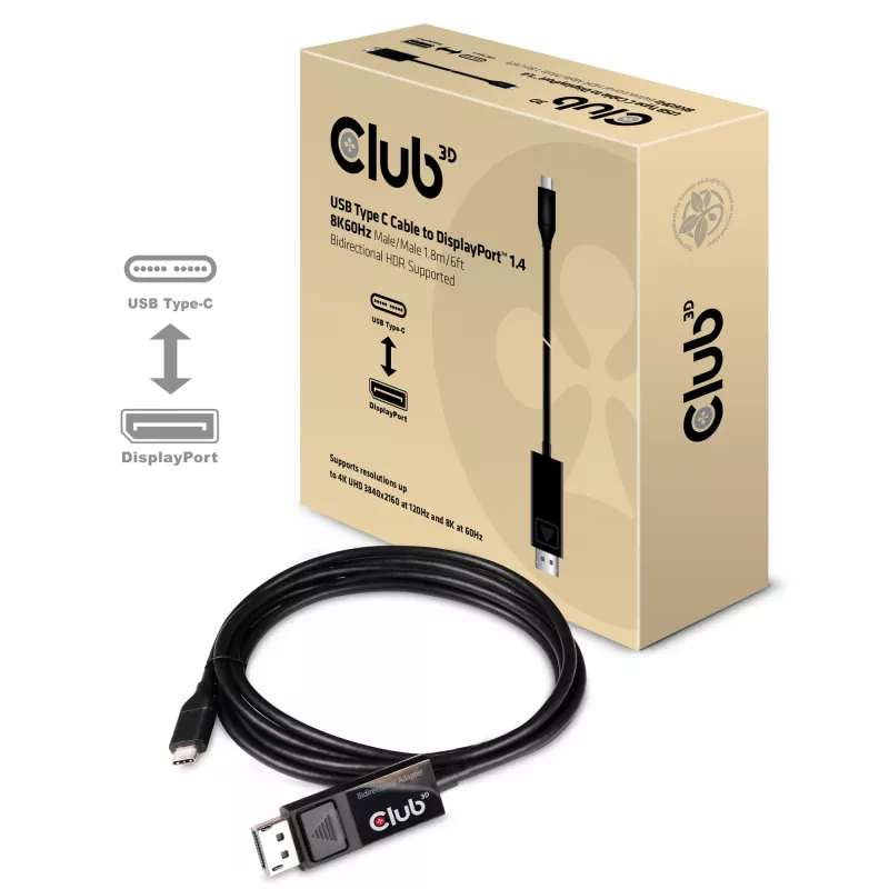 CLUB3D USB Type-C -kaapeli DP 1.4 8K60Hz M/M 1,8m/5,9ft