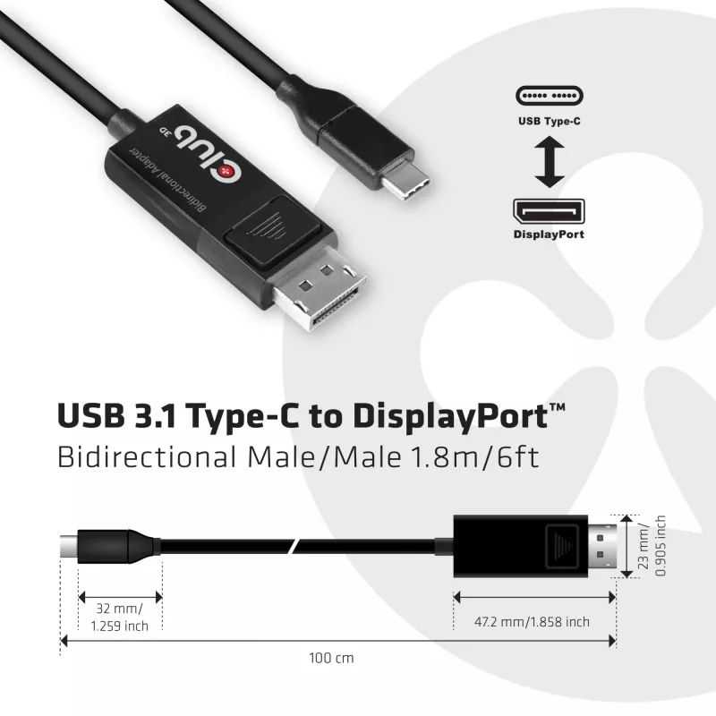 CLUB3D USB Type-C -kaapeli DP 1.4 8K60Hz M/M 1,8m/5,9ft