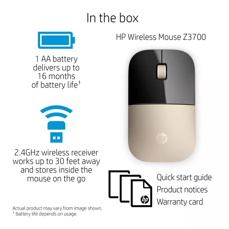 HP Z3700 Gold langaton hiiri, molempikätinen, optinen, RF Wireless, 1200 DPI, kulta