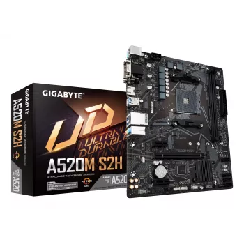 GIGABYTE A520M S2H emolevy - tukee AMD Ryzen 5000 -sarjan AM4-suorittimia, 4+3 vaiheen Pure Digital VRM, jopa 5100MHz DDR4 (OC), PCIe 3.0 x4 M.2, GbE LAN, USB 3.2 Gen 1