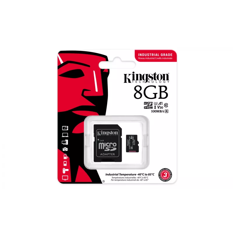 Kingston Technology 8GB microSDHC Industrial C10 A1 pSLC -kortti + SD-sovitin