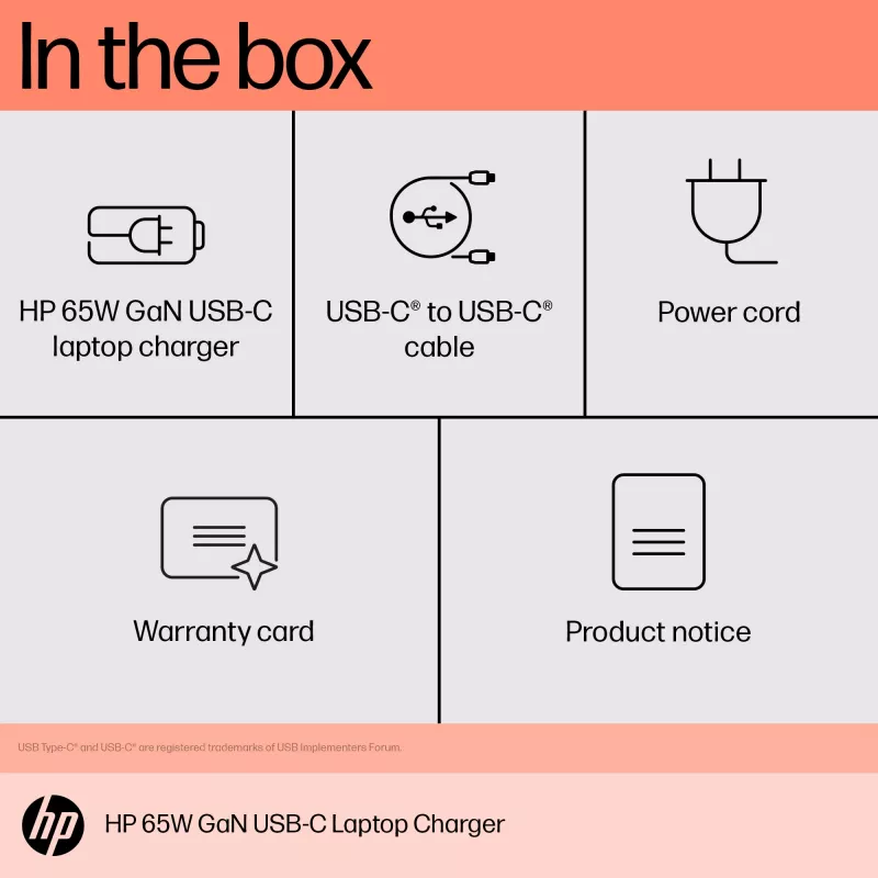 HP 600Q7AA 65 W GaN USB-C kannettavan laturi, 2 × USB-C, 20 V, musta