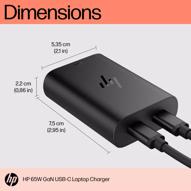 HP 600Q7AA 65 W GaN USB-C kannettavan laturi, 2 × USB-C, 20 V, musta