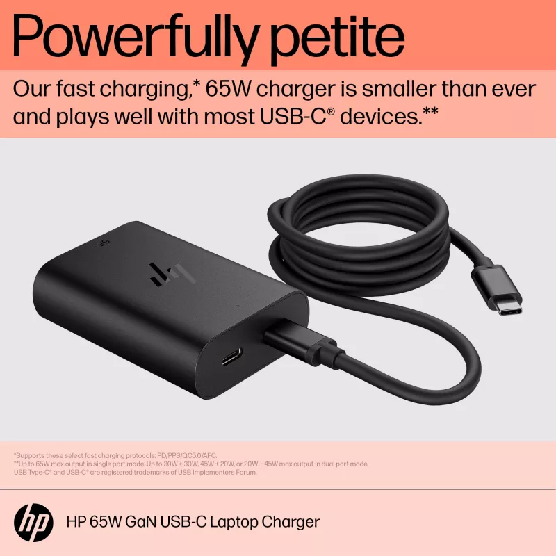 HP 600Q7AA 65 W GaN USB-C kannettavan laturi, 2 × USB-C, 20 V, musta