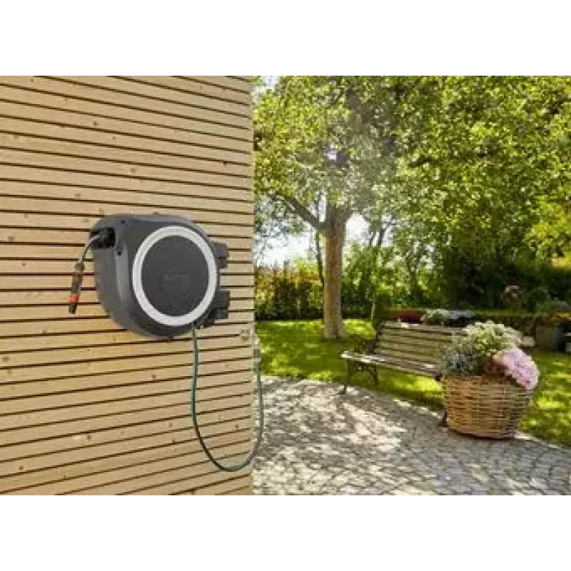 Seinään kiinnitettävä letkukela Gardena RollUp Automatic musta harmaa