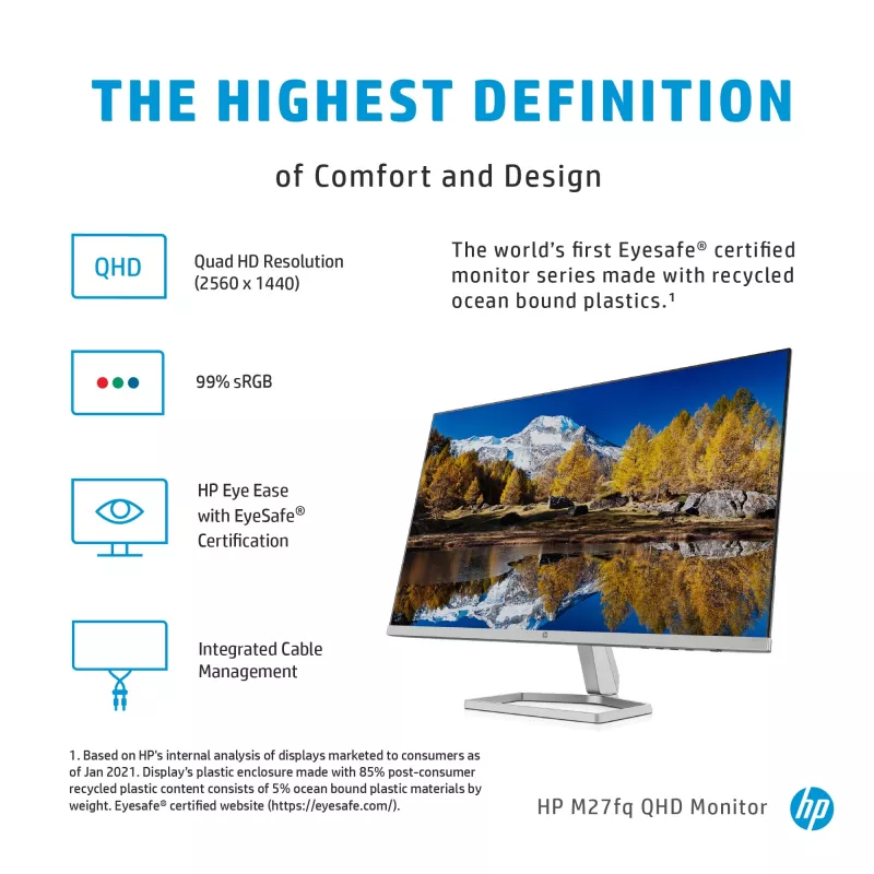 Näyttö HP M27fq 27 tuumaa Quad HD 2560x1440 IPS LCD, 300 cd/m², 75 Hz, 5 ms, hopea