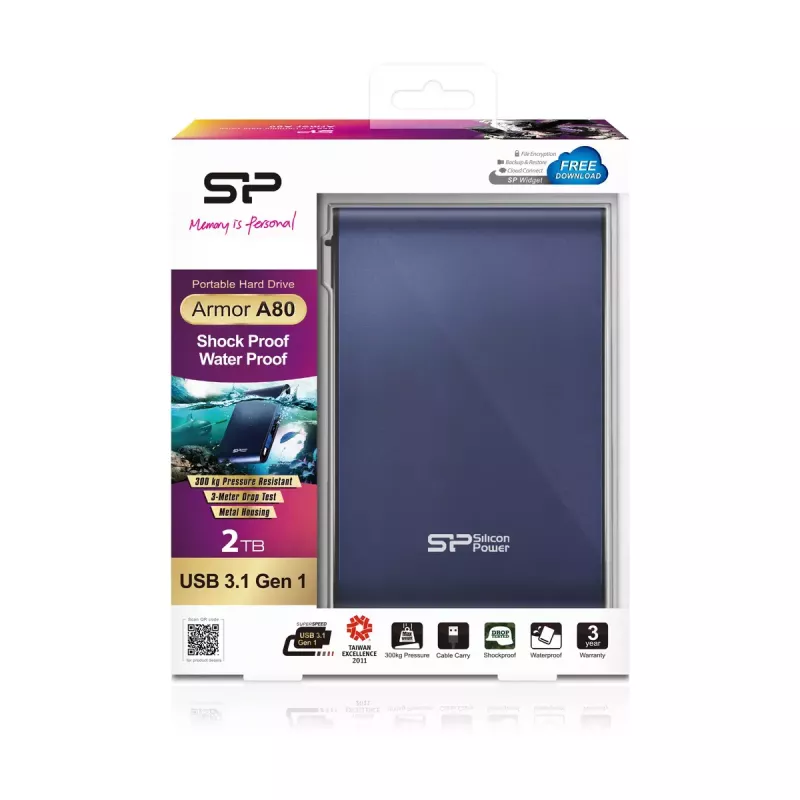 Silicon Power Armor A80 ulkoinen kiintolevy, 2 TB, 2,5 tuumaa, USB 3.1 Gen 1, sininen