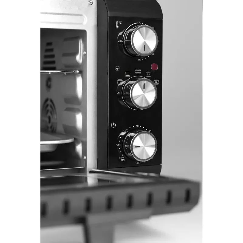 Caso TO 20 Design-Oven sähköinen minipaistinuuni, 20 l, 1500 W, kiertoilma, vartaasaate, ajastin, enintään 230 °C, viileä kotelo, musta