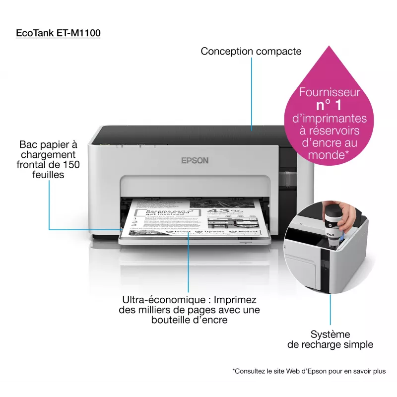 Mustesuihkutulostin Epson EcoTank ET‑M1100 — monokromi, A4, 32 ppm, 1440×720 dpi, integroitu mustesäiliö, USB 2.0, harmaa/musta
