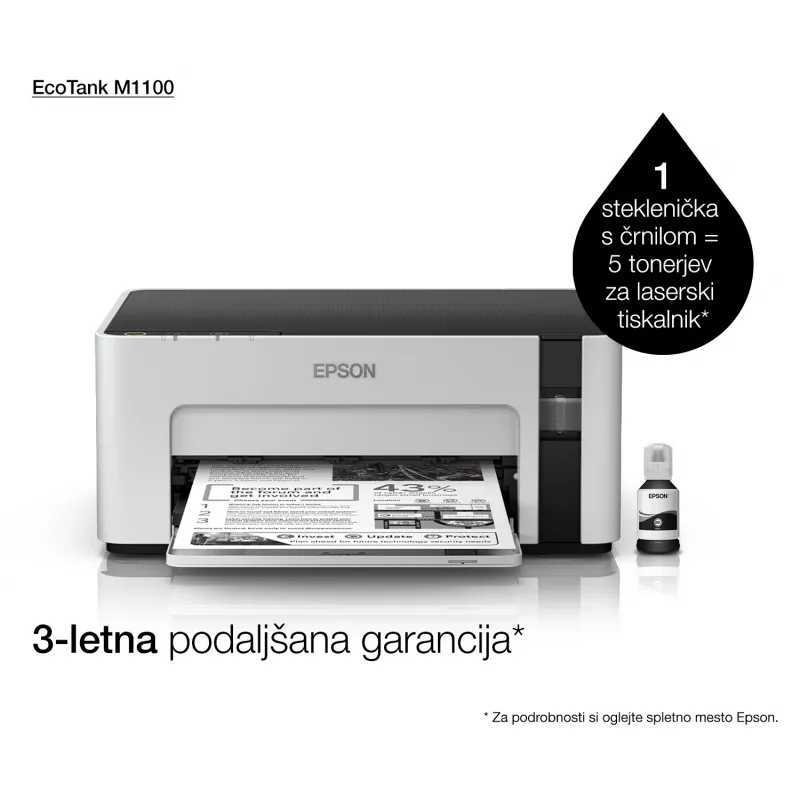 Mustesuihkutulostin Epson EcoTank ET‑M1100 — monokromi, A4, 32 ppm, 1440×720 dpi, integroitu mustesäiliö, USB 2.0, harmaa/musta
