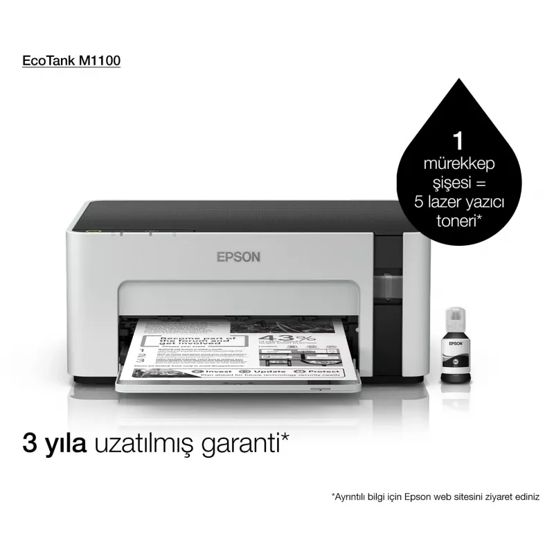 Mustesuihkutulostin Epson EcoTank ET‑M1100 — monokromi, A4, 32 ppm, 1440×720 dpi, integroitu mustesäiliö, USB 2.0, harmaa/musta