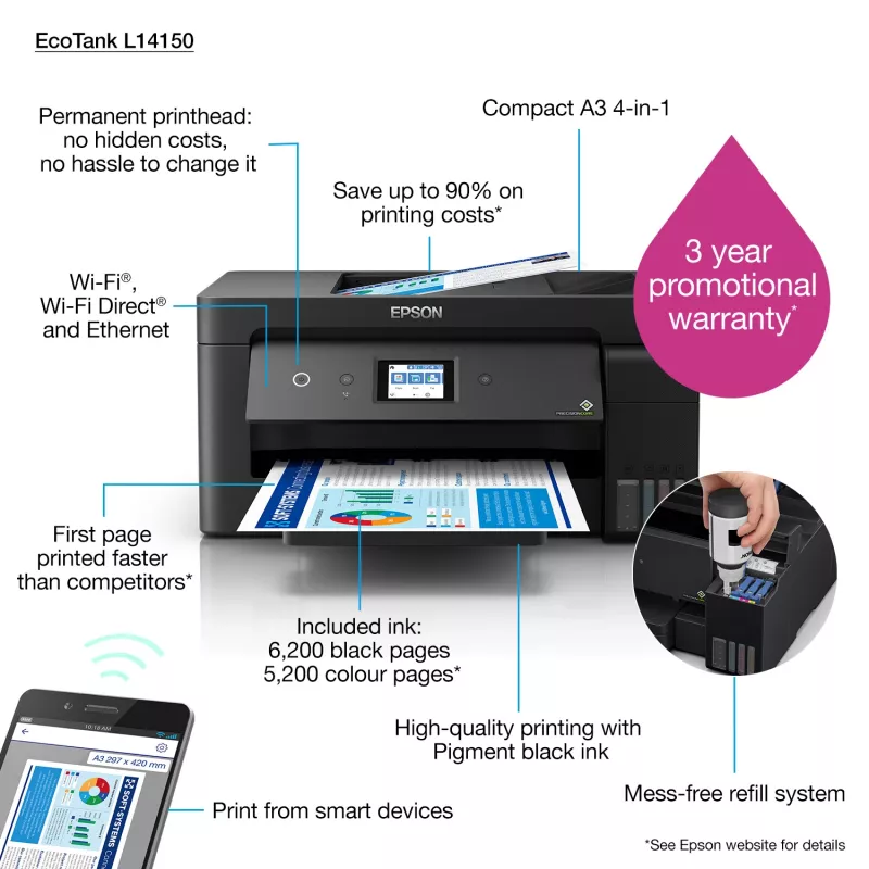 Epson EcoTank L14150 A3 mustesuihku 4800 x 1200 DPI 38 ppm Wi-Fi