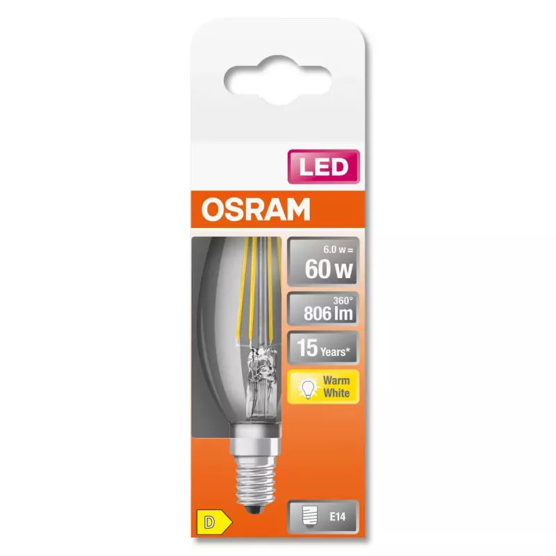 Osram Parathom Classic LED Filament 60 -lamppu, 6 W, E14, lämmin valkoinen (2700 K), ei himmennettävä