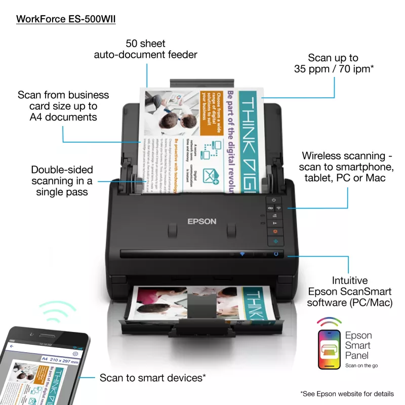 Epson WorkForce ES-500WII asiakirjaskanneri 600 x 600 dpi A4 musta