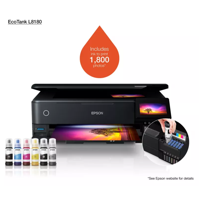 Monitoimi-mustesuihkutulostin Epson EcoTank L8180 — A3+, väri, 5760x1440 DPI, 32 ppm, duplex, Wi‑Fi, Ethernet