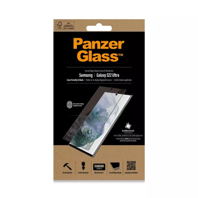 PanzerGlass 7295 näytönsuoja Samsung Galaxy S22 Ultralle, karkaistu lasi, kotelon kanssa yhteensopiva, musta