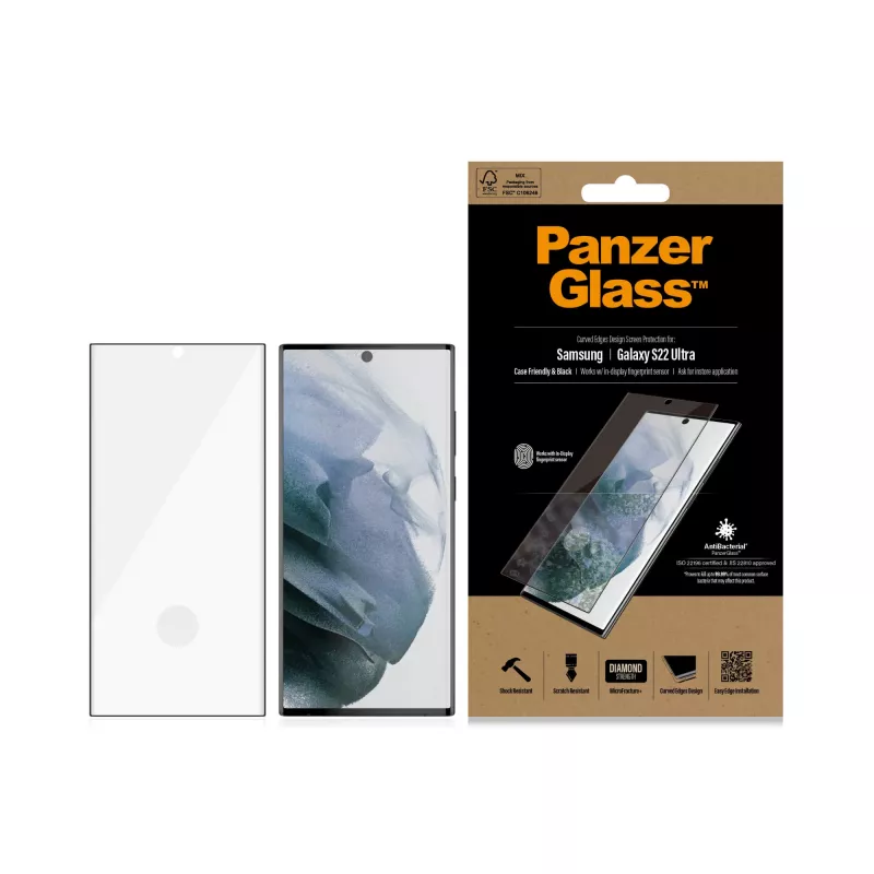 PanzerGlass 7295 näytönsuoja Samsung Galaxy S22 Ultralle, karkaistu lasi, kotelon kanssa yhteensopiva, musta